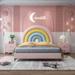 سرير أطفال بتصميم قوس قزح مبهج – شامل كومودينة – ألوان زاهية وهيكل خشبي متين – مثالي لغرف البنات